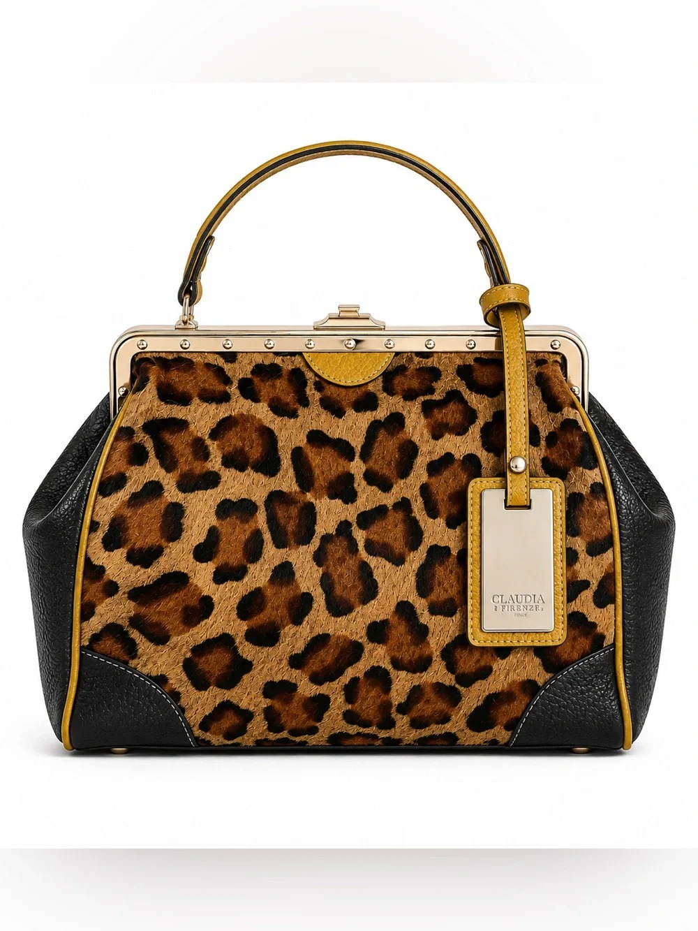 Claudia Firenze Leopard Calf Hair Leather Frame Satchel Made in Italy - Picture 2 of 15